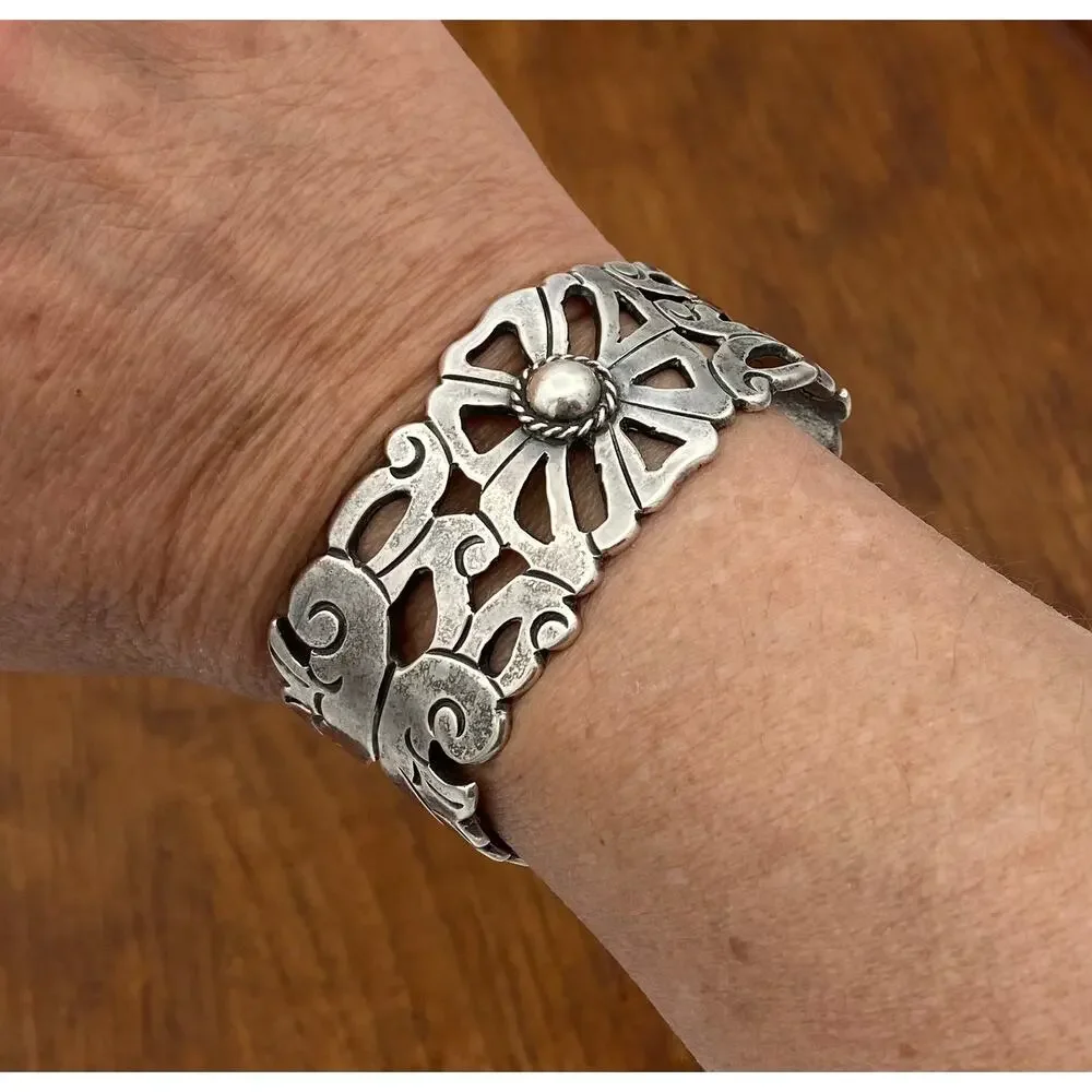 Vintage Mexico Silver Cuff Bracelet Wide Flower Cutout 50.91g Tested Silver 6.5
